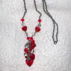 Vintage 90s Glass Heart Beaded Silvertone Necklace